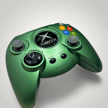 StudioFR custom green Xbox Original controller with black buttons and grey joysticks. Features RGB lighting.