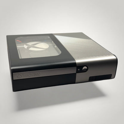 StudioFR custom black and grey Xbox 360E console with window mod and RGB lighting. One-of-one build.