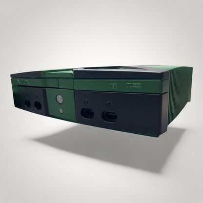 StudioFR custom black and green original Xbox console with HDD mod and RGB lighting.